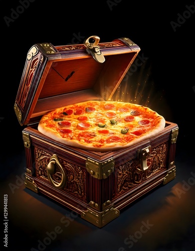 A fantasy-style glowing pizza inside a treasure chest