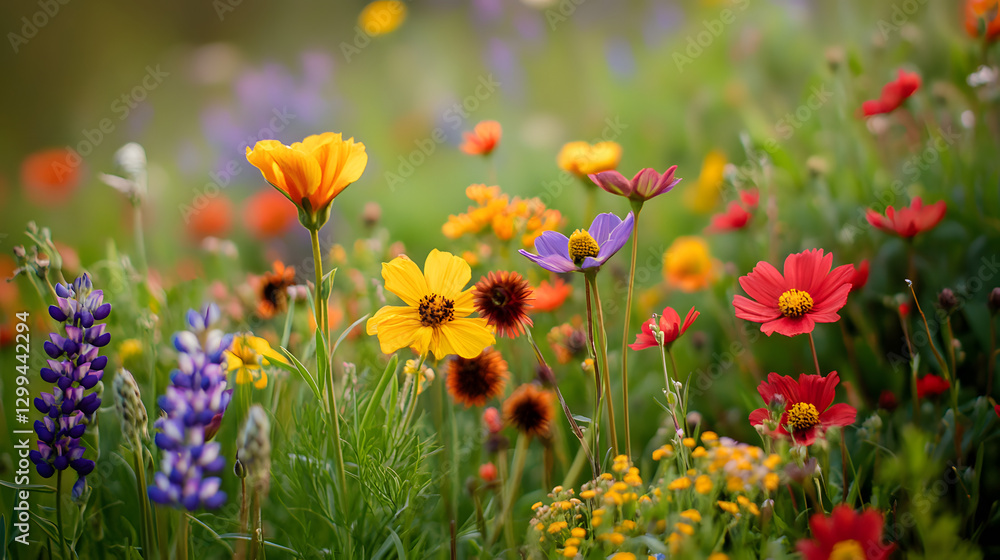 A colorful patch of wildflowers growing in a meadow, with bright red, yellow, and purple petals catching the sun. A colorful patch of wildflowers growing in a meadow, with bright red, yellow, and purple petals catching the sun.