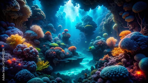 Wallpaper Mural Bioluminescent Coral Reef in Mysterious Ocean Abyss: Surreal Underwater Canyon Stock Photo Torontodigital.ca