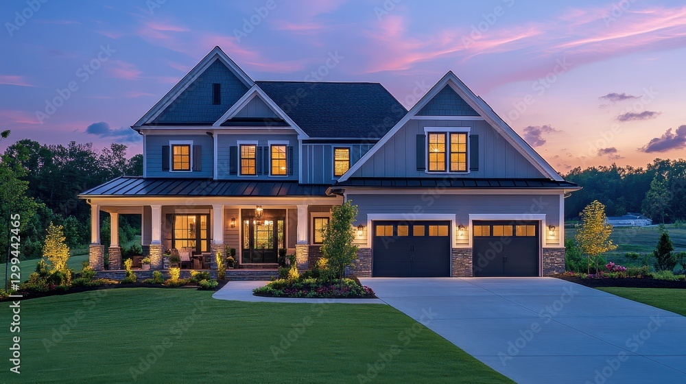 Modern suburban home at sunset with well-manicured lawn and elegant exterior design Modern suburban home at sunset with well-manicured lawn and elegant exterior design