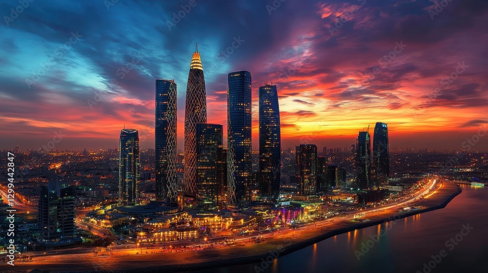 Fototapeta premium Stunning sunset over modern city skyline with illuminated skyscrapers by waterfront