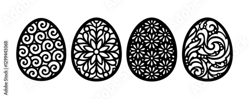 Easter eggs set. Paper or laser cutting templates. Vector illustrations. Decorative holiday symbol. Floral ornate egg. Isolated on white background. Carved pattern. For laser, plotter cutting, sublima