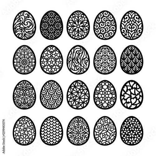 Easter eggs collection. Paper or laser cutting templates. Vector illustrations. Decorative holiday symbol. Floral ornate egg. Isolated on white background. Carved pattern. For laser, plotter cutting.