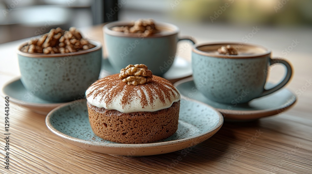 Coffee break Coffee, cake, and walnuts on a wooden table; relaxing food moment Coffee break Coffee, cake, and walnuts on a wooden table; relaxing food moment