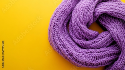 Soft Purple Knitted Wool Scarf Yellow Background Autumn Winter Fashion Accessory Cozy Warm Comfortable Textured Handmade Cable Knit Design Purple     