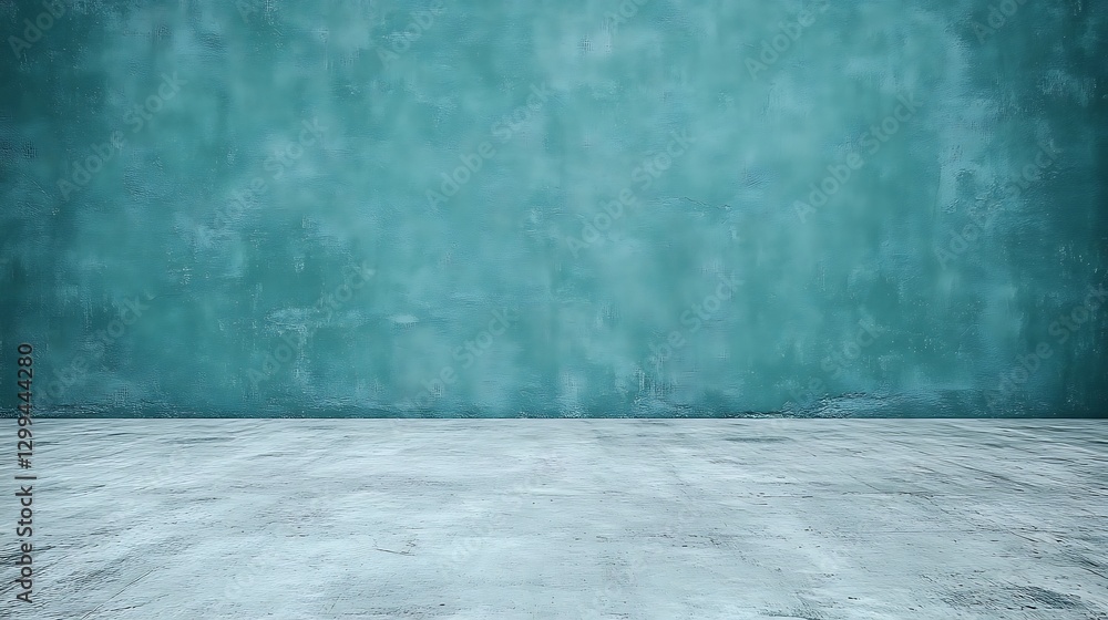 Teal wall, empty room, concrete floor Teal wall, empty room, concrete floor