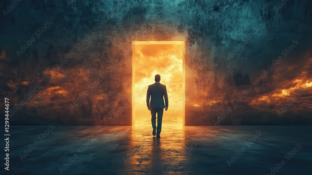 Silhouette of male adult walking through glowing doorway into fiery sky Silhouette of male adult walking through glowing doorway into fiery sky