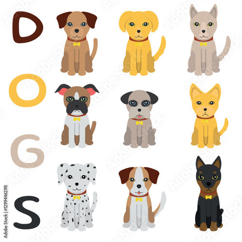Sitting Dogs Illustrations - 9 Cute Illustrations of different Breeds and Colors.