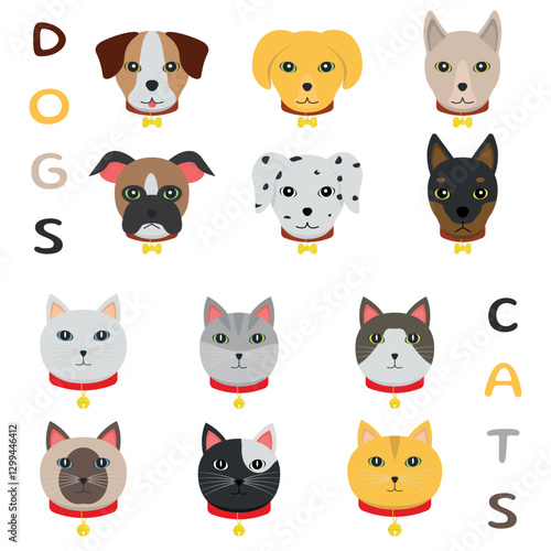 Dog and Cat Head Icons - 6 Dog Variations + 6 Cat Variations of Breeds and Colors.