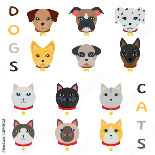 Dog and Cat Head Icons - 12 Variations of Breeds and Colors.