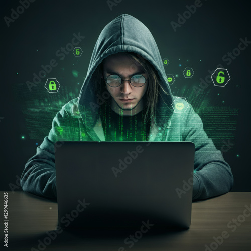 Mysterious hooded hacker using a laptop in a dark environment with glowing cybersecurity icons, representing hacking and data security