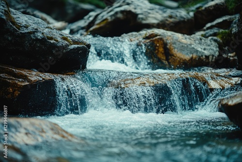 Crystal-clear water cascades over smooth, dark rocks in a serene mountain stream.