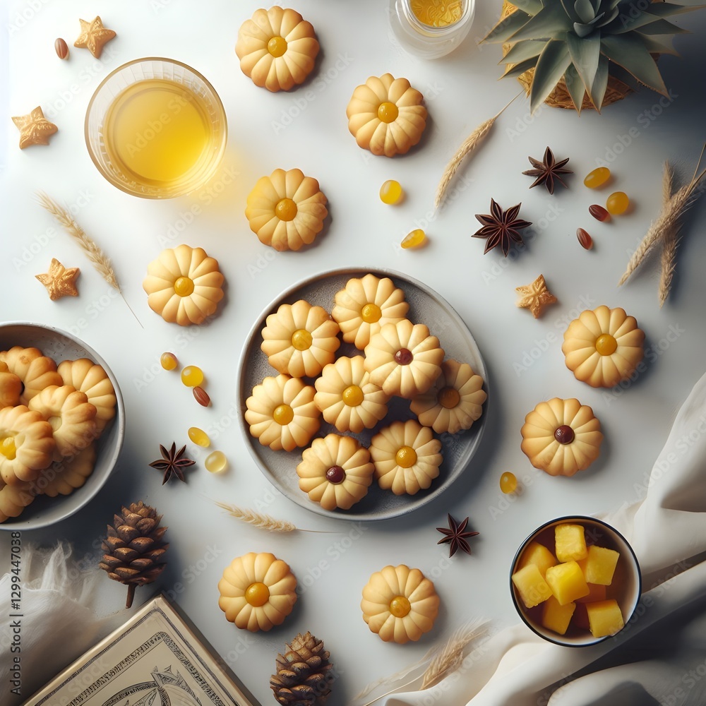 Homemade Eid nastar pineapple cookies arranged in flat lay with golden crust and clean minimalist background under soft natural light Homemade Eid nastar pineapple cookies arranged in flat lay with golden crust and clean minimalist background under soft natural light