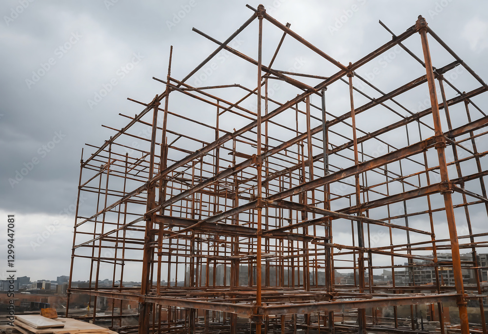 Skeletal framework of a construction site, reflecting the impact of economy on local development and employment opportunities in a city environment Skeletal framework of a construction site, reflecting the impact of economy on local development and employment opportunities in a city environment
