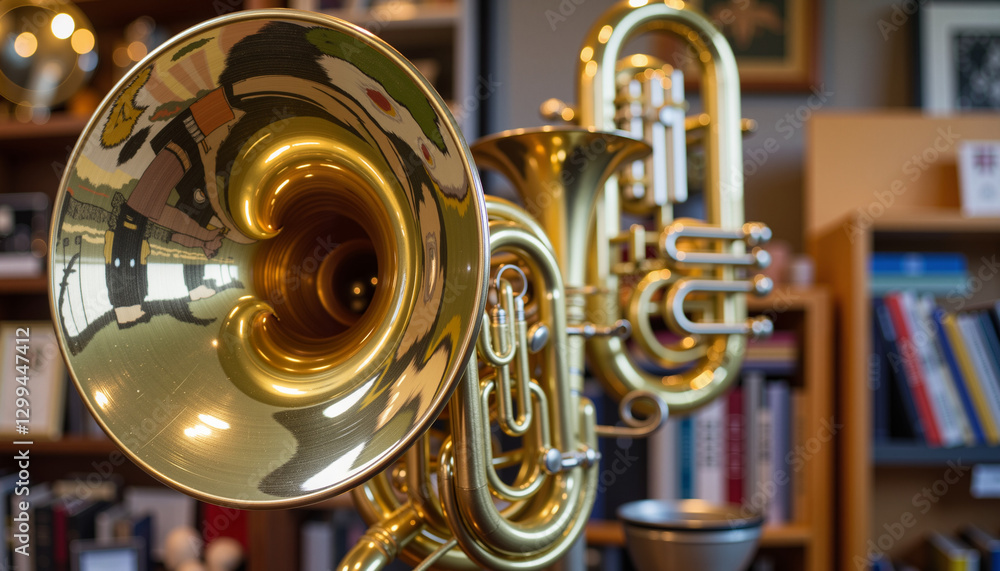 Fototapeta premium Polished brass instruments displayed in music shop, artistic showcase