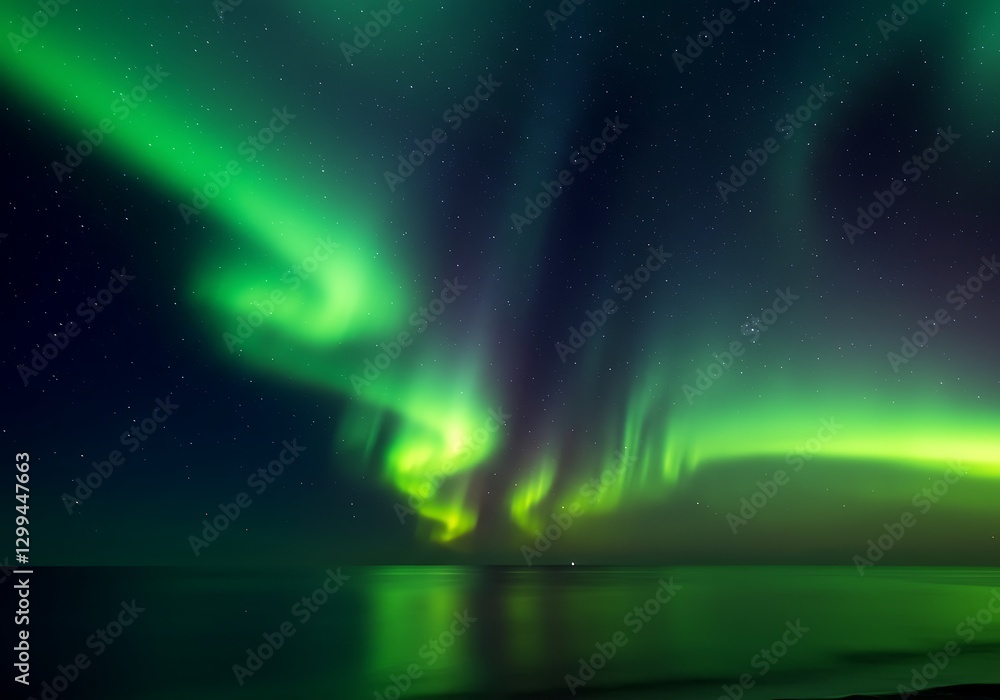 Observing Green Aurora Borealis Over Calm Water Under Starry Sky Observing Green Aurora Borealis Over Calm Water Under Starry Sky