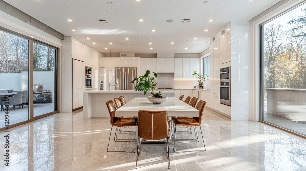 Fototapeta premium Modern luxury kitchen with minimalist design and spacious dining area