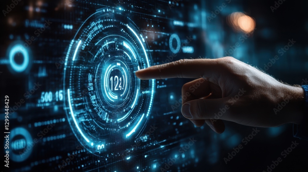 Obraz premium Futuristic interface with human hand touching digital holographic display