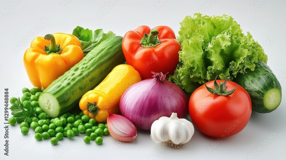 Fresh vegetables assortment: peppers, tomatoes, lettuce, cucumbers, peas, onions, garlic Fresh vegetables assortment: peppers, tomatoes, lettuce, cucumbers, peas, onions, garlic