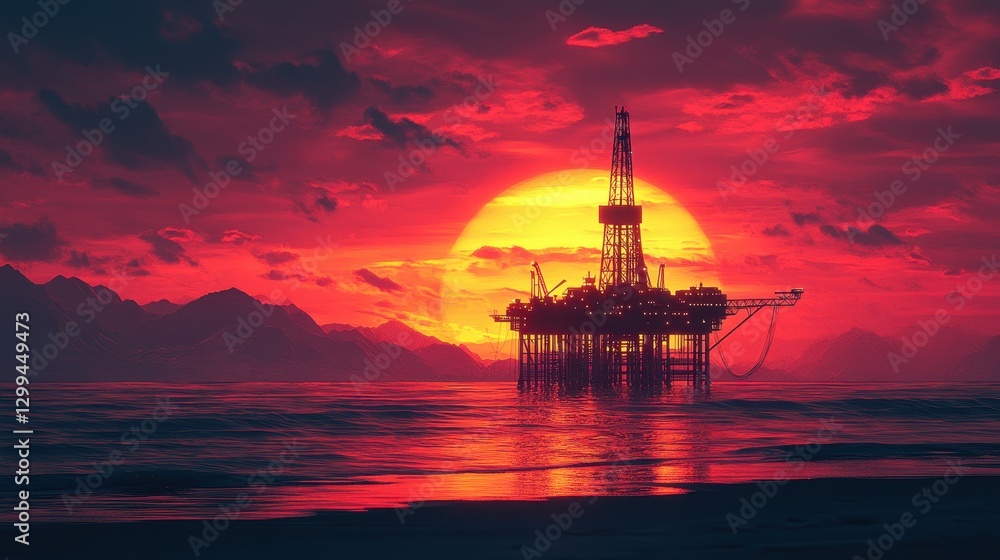 Offshore oil rig silhouette at sunset against dramatic red sky and ocean waves Offshore oil rig silhouette at sunset against dramatic red sky and ocean waves