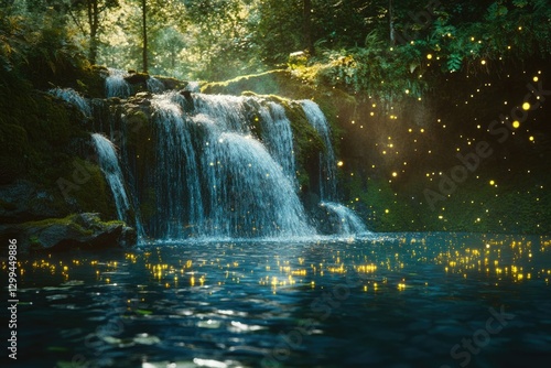 Enchanted waterfall cascading into a pool, illuminated by fireflies at night in a lush forest.