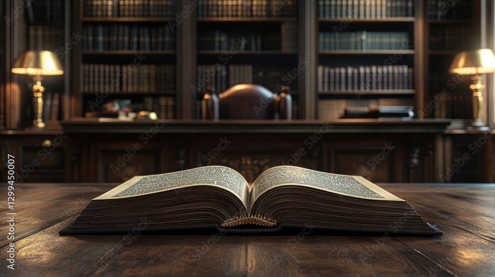 Fototapeta premium Antique book in elegant library with vintage wooden furniture and soft lamp lighting