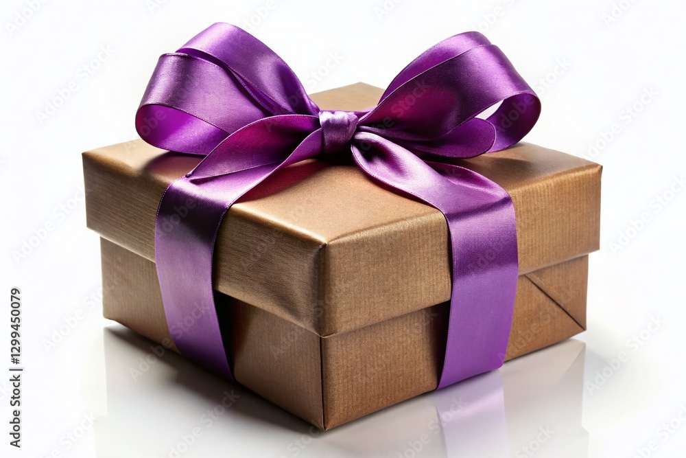 Brown Gift Box with Purple Ribbon Bow on White Background - Perfect for Holiday or Birthday Presents Brown Gift Box with Purple Ribbon Bow on White Background - Perfect for Holiday or Birthday Presents