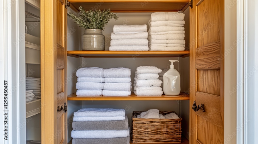 Fototapeta premium A housekeeping supply closet with labeled shelves of towels, linens, and detergent.