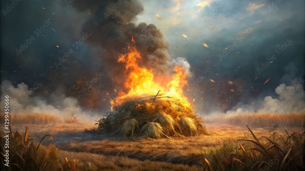 Naklejka premium Burning Rice Straw Field: Low-Cost Crop Residue Disposal After Harvest