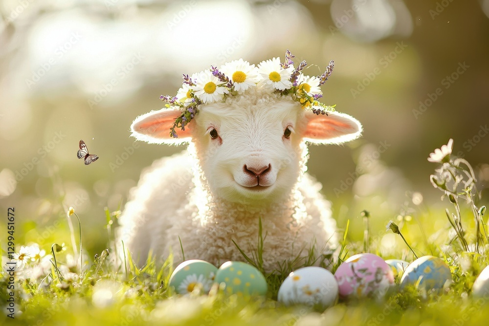 Easter Lamb with a Floral Crown in a Meadow A sweet, fluffy white lamb wearing a delicate flower crown Easter Lamb with a Floral Crown in a Meadow A sweet, fluffy white lamb wearing a delicate flower crown