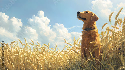 A farm dog standing at the edge of a wheat field looking into the distance.