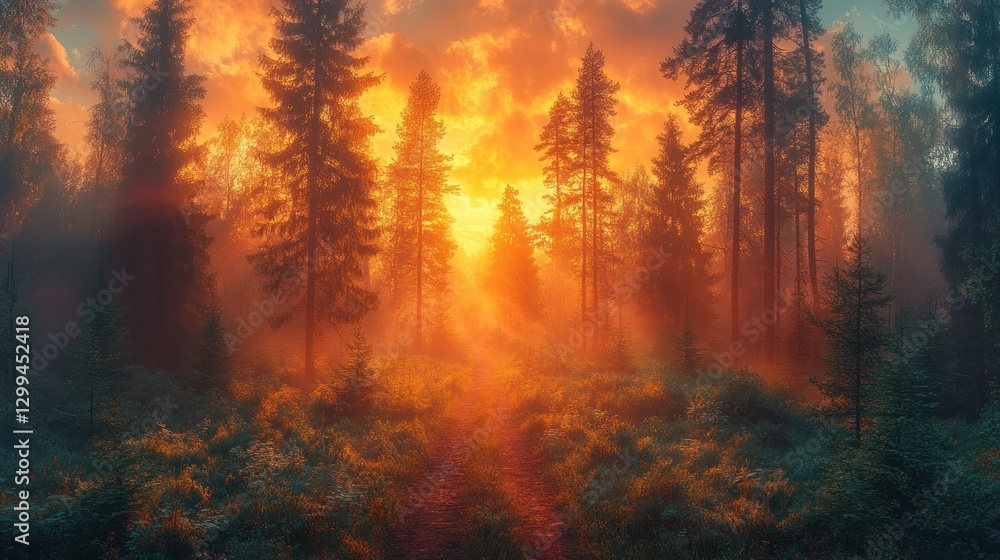 Golden Sunrise Path Through Misty Forest Golden Sunrise Path Through Misty Forest