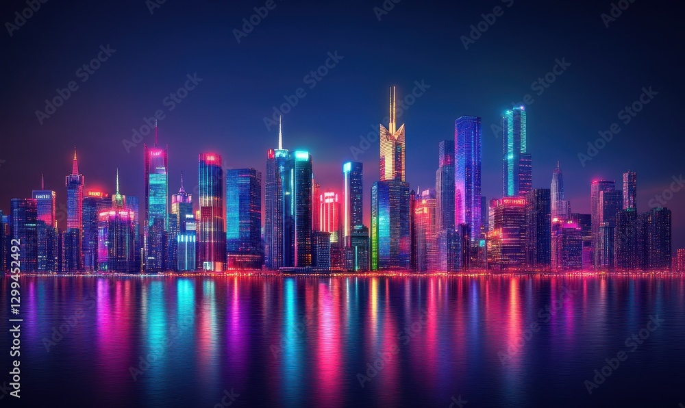 Fototapeta premium A modern cityscape with bright neon lights, symbolizing energy, creativity, and urban innovation.