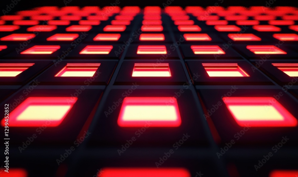 Abstract black grid illuminated by glowing red squares forming dynamic geometric patterns symbolizing advanced technology . Abstract black grid illuminated by glowing red squares forming dynamic geometric patterns symbolizing advanced technology .