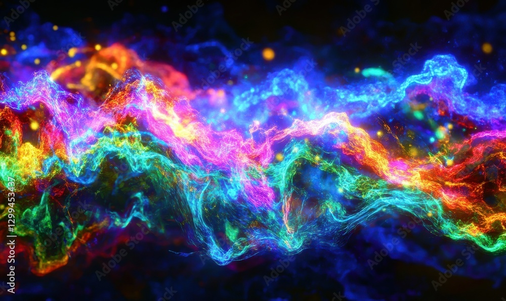 Obraz premium Abstract digital art of glowing particles forming dynamic waves, vibrant neon tones blending smoothly, futuristic and clean design, sharp and detailed