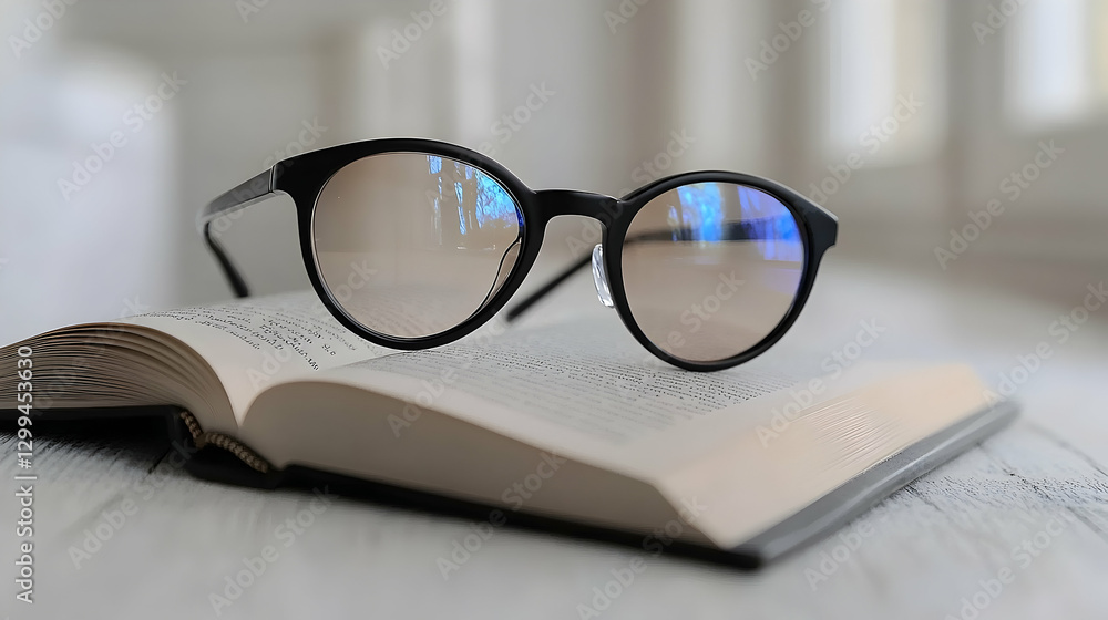Reading glasses on open book, home interior Reading glasses on open book, home interior