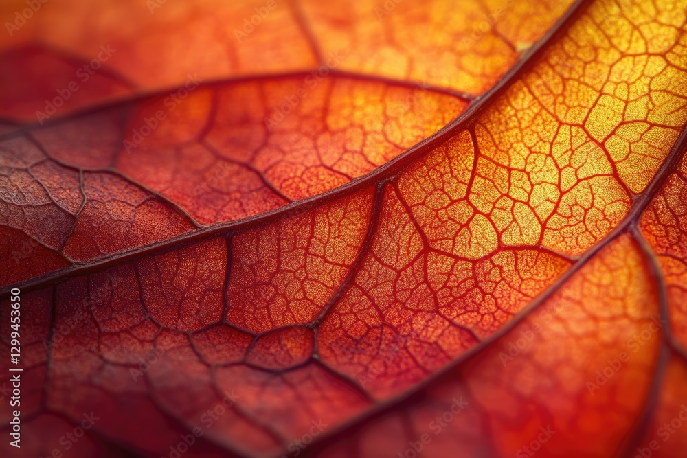 Fototapeta premium Intricate vein structure of an autumn leaf, vibrant red and orange hues, backlit detail.