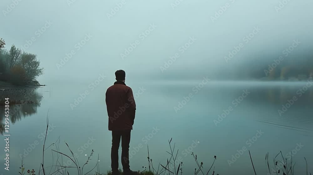 A solitary man standing near a foggy lake, lost in deep thought and solitude, creating an emotional and reflective scene