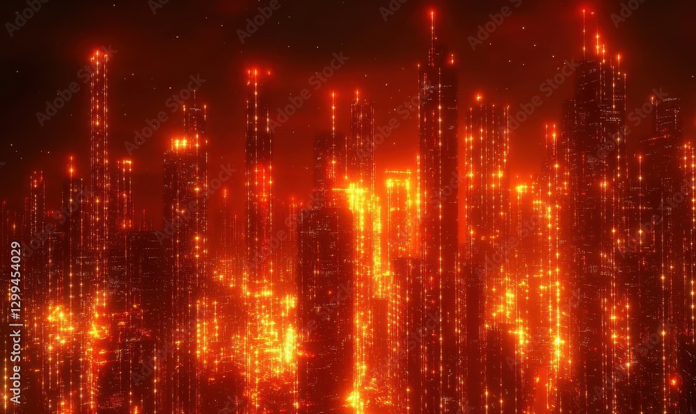 Fototapeta premium Abstract glowing circuitry illuminated by orange and red lights symbolizing futuristic digital networks and connections .