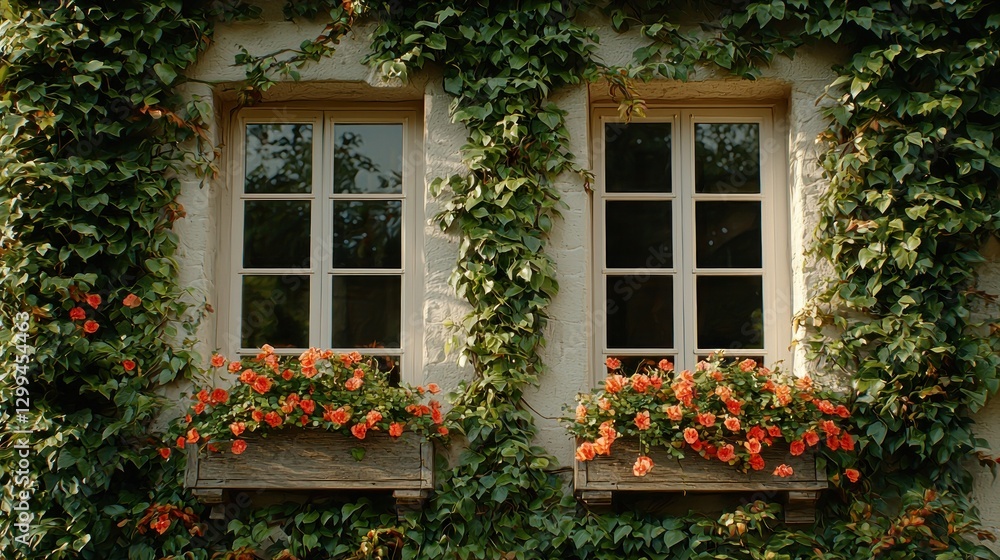 Fototapeta premium Cottage windows framed by green ivy, red flowers in window boxes, exterior shot