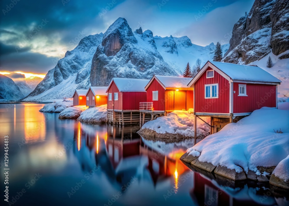 Fototapeta premium Charming Red Cabins Snowy Fjord Winter Getaway Cozy Escape Norway Scenery