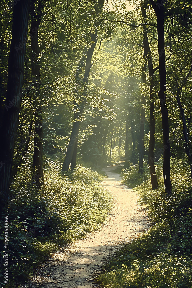 Naklejka premium serene forest path sunlight outdoor tranquility