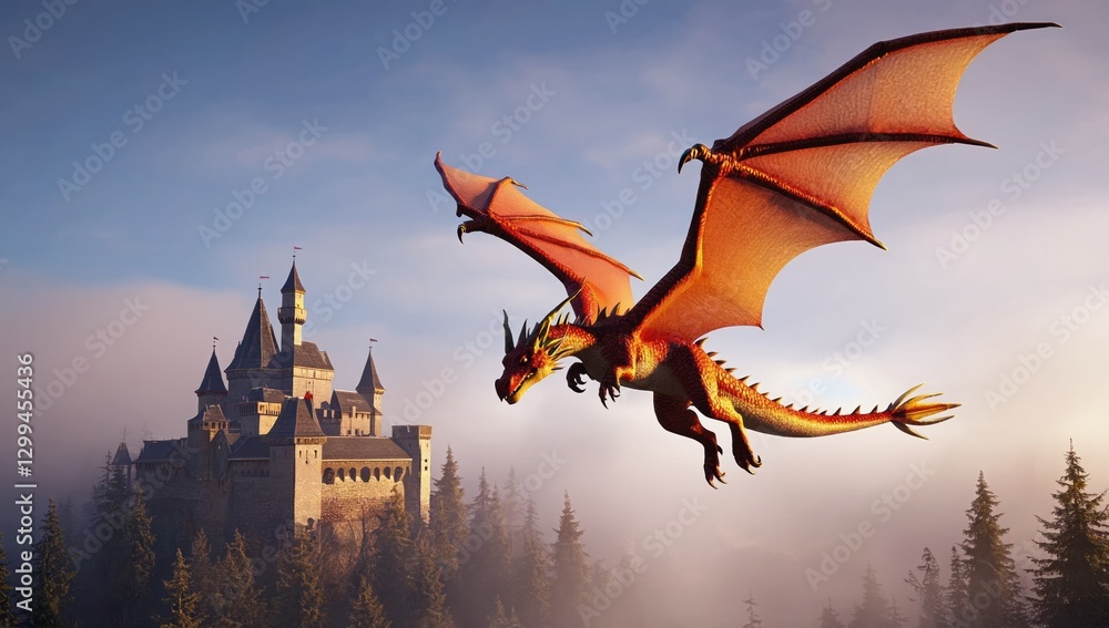 Fototapeta premium Majestic dragon soars over enchanted castle fantasy landscape cinematic view