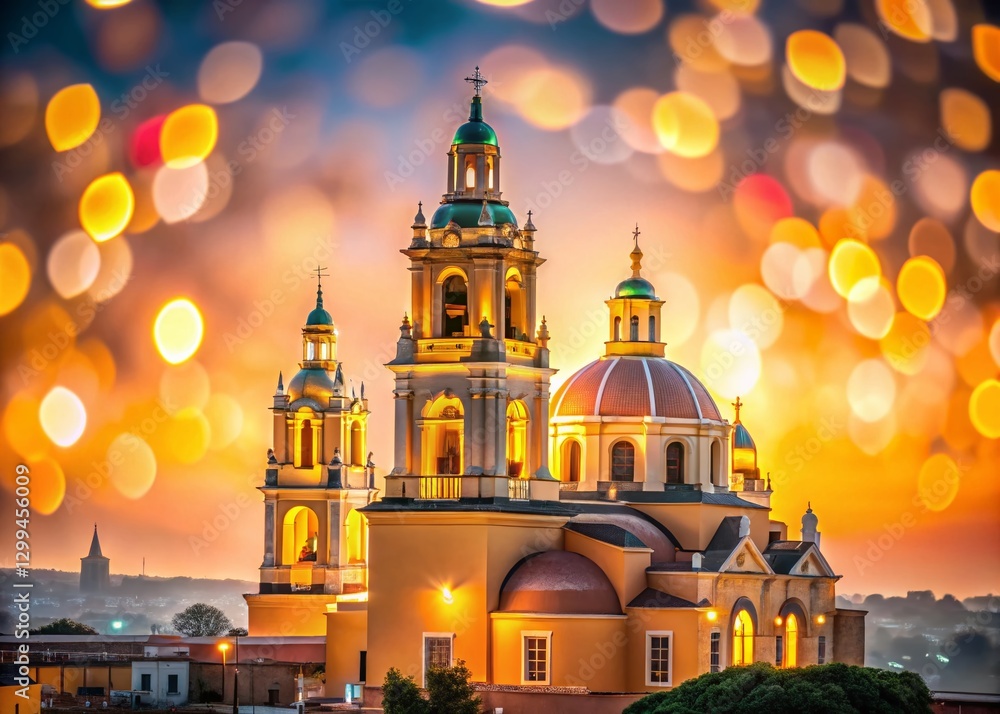 Fototapeta premium Cholula Church at Sunset, Bokeh Lights, Puebla, Mexico - Stunning Architectural Photography