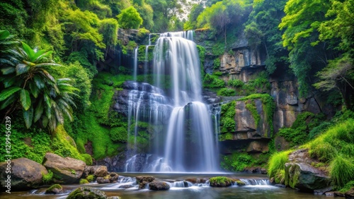 Waterfall surrounded by dense foliage and vibrant greenery