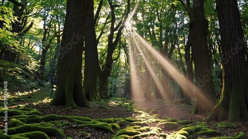 Slow Motion View of Fairytale Mossy Forest Path with Enchanting Greenery, Magical Natural Environment, Serene Woodland Trail, Tranquil Atmosphere, Mystical Nature Landscape, Peaceful Fantasy Scenery
