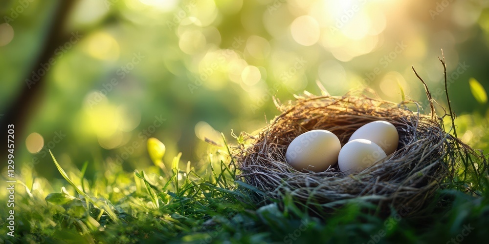 Nest with three eggs rests on soft grass illuminated by warm sunlight in a serene outdoor setting Nest with three eggs rests on soft grass illuminated by warm sunlight in a serene outdoor setting
