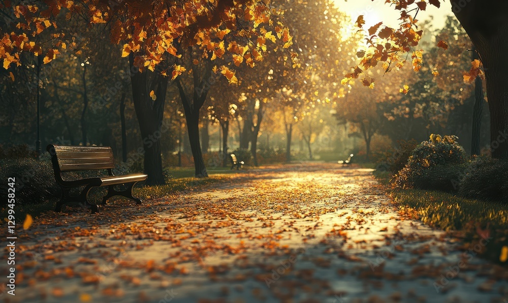 Obraz premium Autumn park path, sunlight filtering, bench, fallen leaves, peaceful.