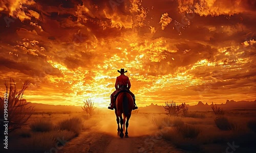 A cowboy on horseback rides towards a fiery sunset in the desert landscape.
