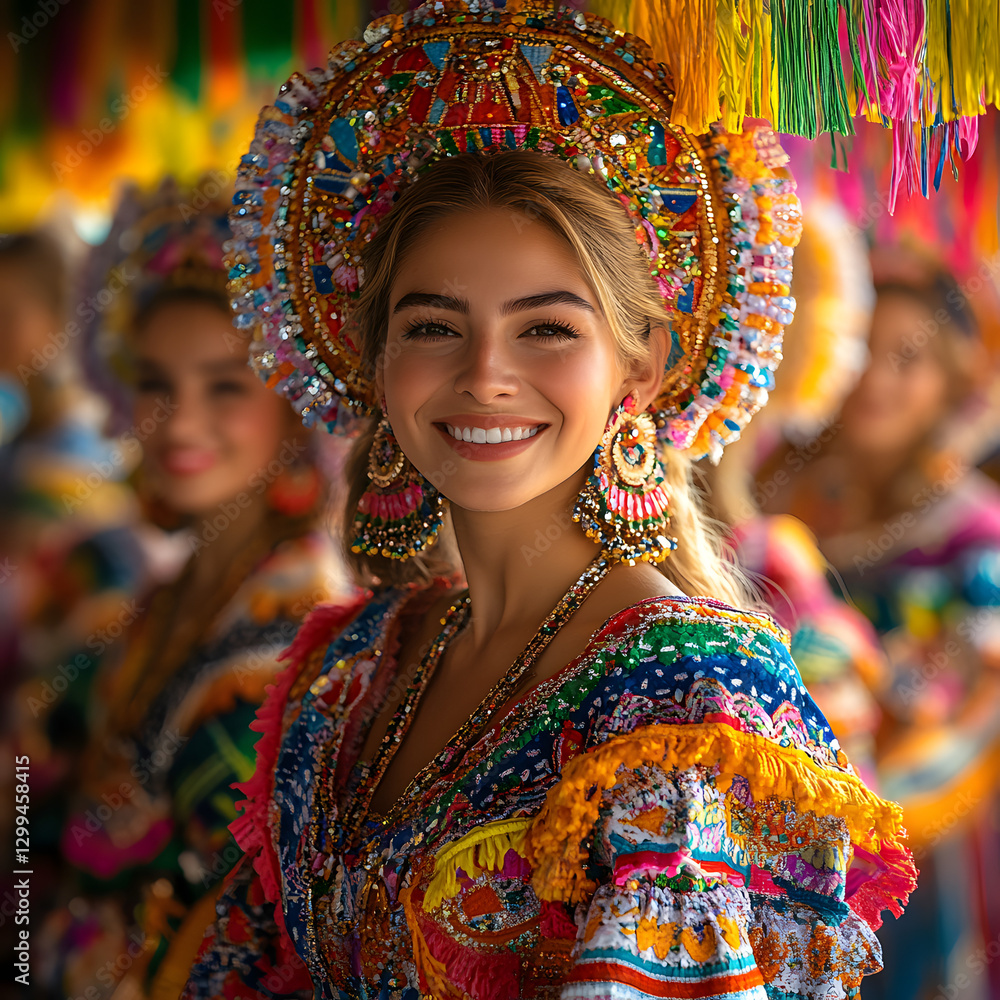 Fototapeta premium Smiling woman in vibrant traditional Andean festival dress